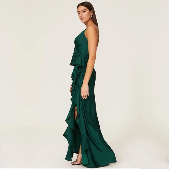 Mac Duggal Satin Ruffle Gown Emerald 0 #8619 - Picture 2 of 9